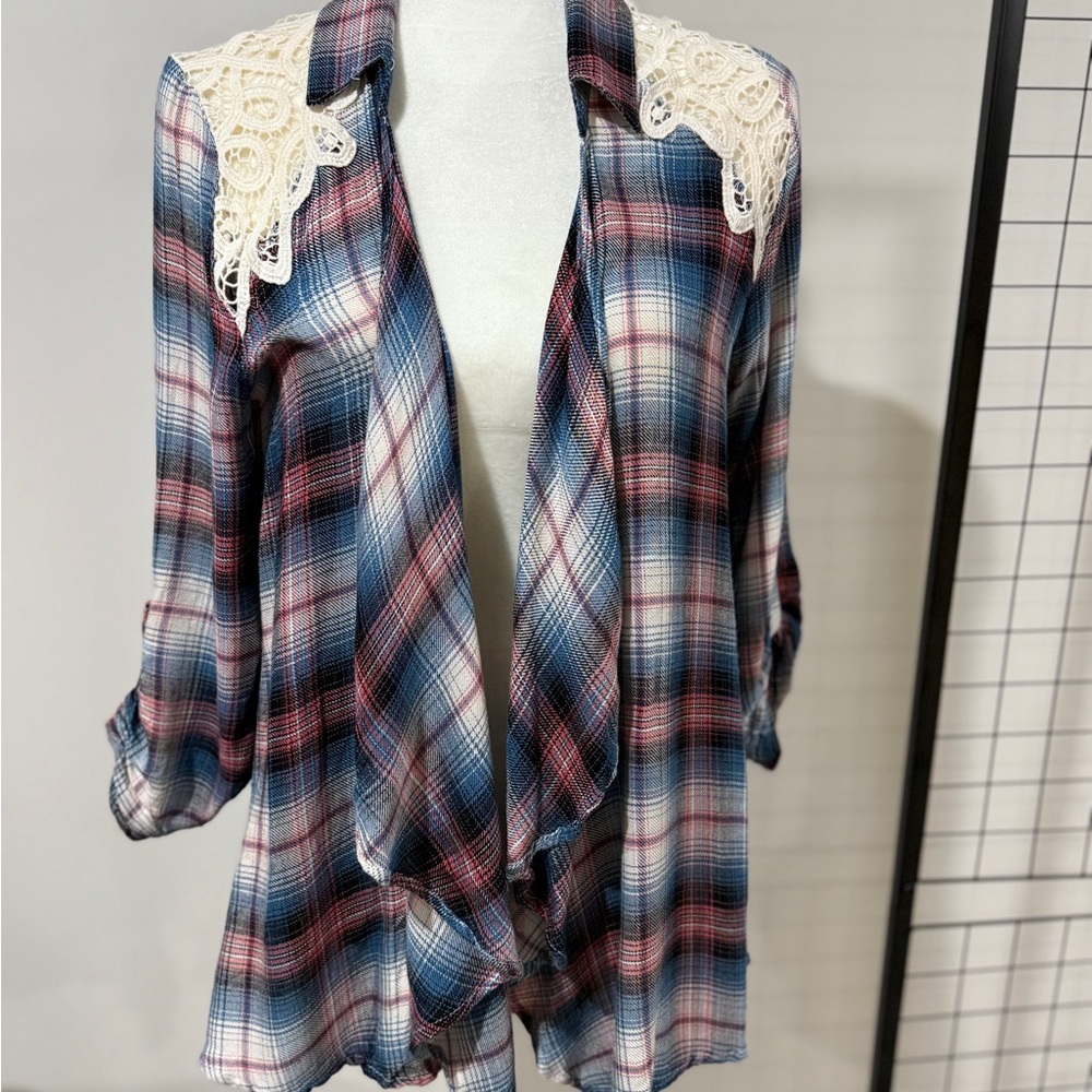 Hem & Thread Blue and Red Plaid Blouse with Lace Detail